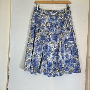 Talbots Pleated A-Line Blue Rose Cotton Belted Watercolor Skirt Size 4